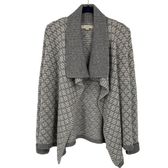 Loft Cardigan Sweater Size M Gray White Wool Mohair Ribbed Chunky Knit Open - Picture 8 of 10